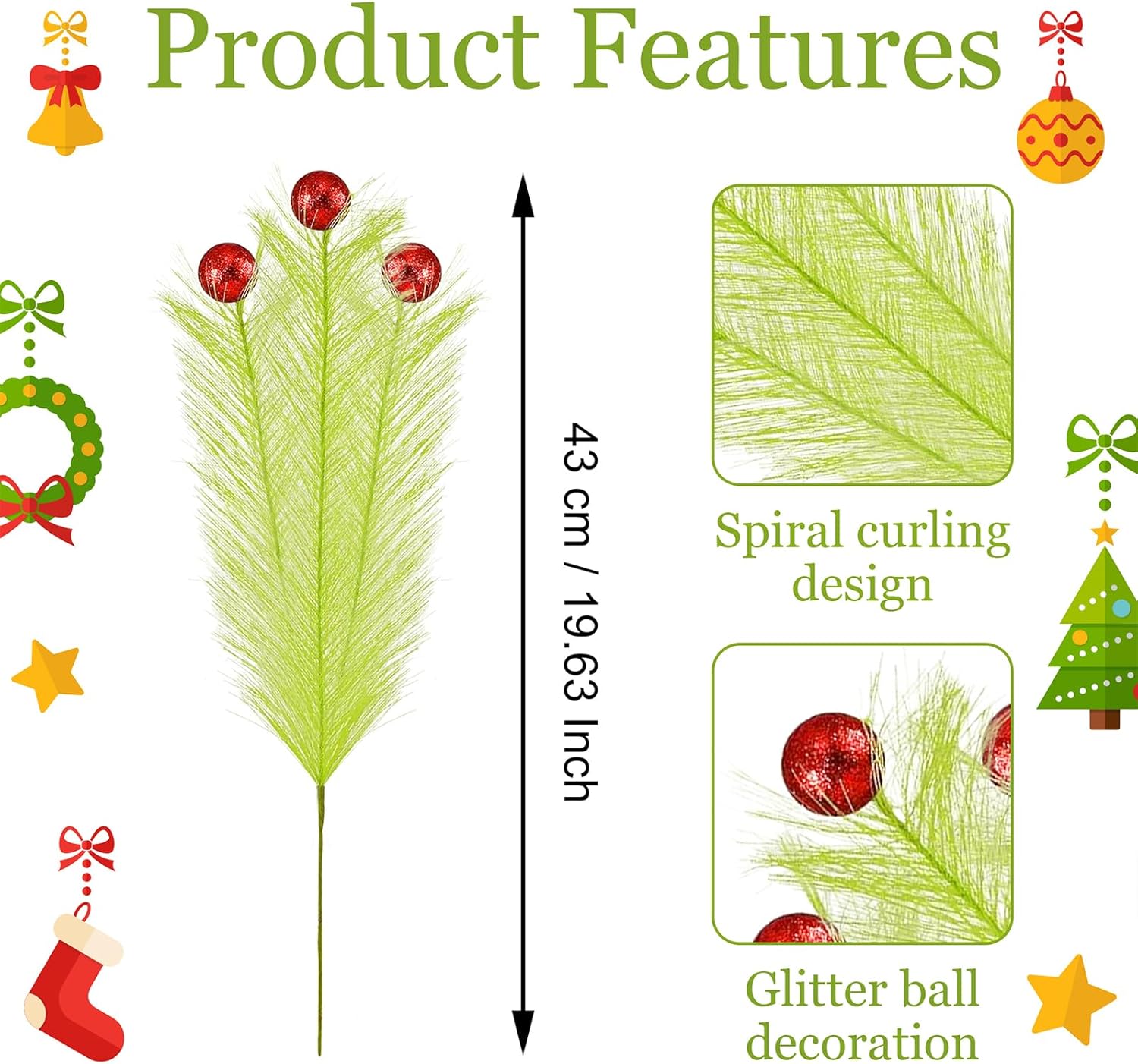 10 Pcs Christmas Tree Topper - 17" Christmas Tree Picks and Sprays Lime Green Curly Stems with Red