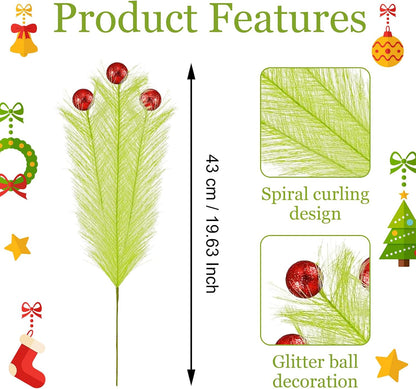 10 Pcs Christmas Tree Topper - 17" Christmas Tree Picks and Sprays Lime Green Curly Stems with Red