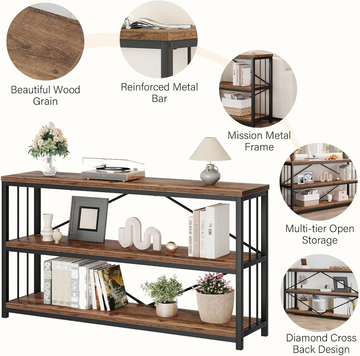 LVB Industrial Console Entryway Table, Metal Wood Rustic Sofa Table with Storage, Farmhouse 3 Tier