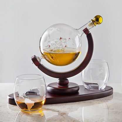 Whiskey Decanter Globe Set with 2 Etched Whiskey Glasses - for Liquor Scotch Bourbon Vodka, Gifts