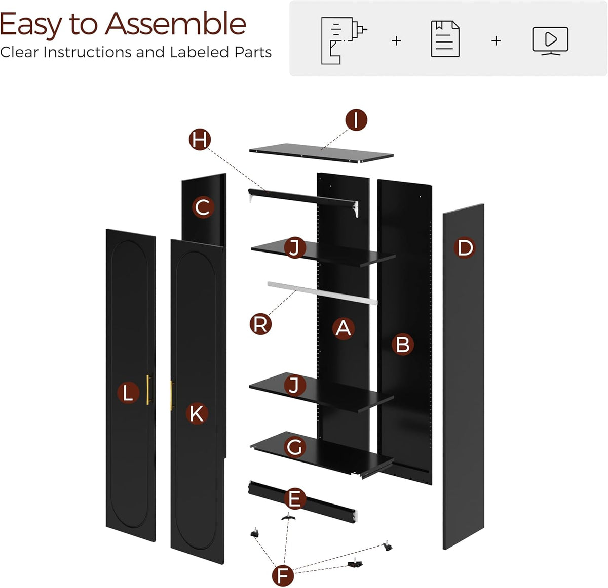 Metal Armoire Wardrobe Closet with 2 Doors, 71" Black Wardrobe Cabinet with Hanging Rod and