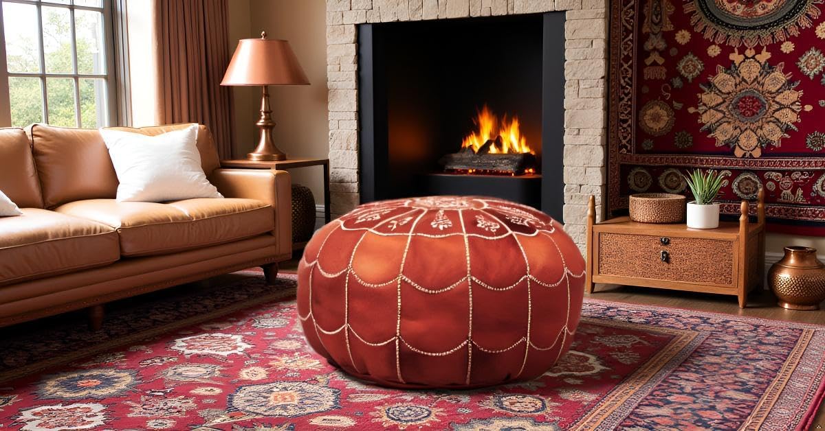 Stuffed Arch Design Moroccan Leather Pouf Ottoman, Handmade, Pre-Filled, 100% Genuine Leather, 14”