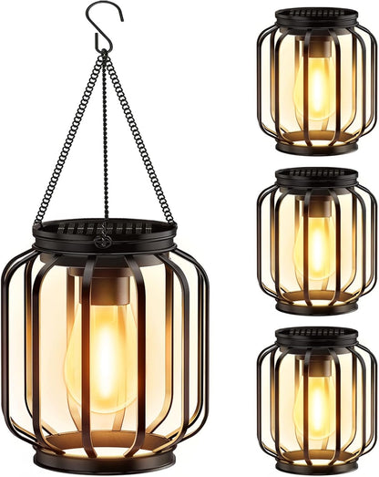 Solar Hanging Lanterns Outdoor Waterproof: 4 Pack Metal Solar-Powered Lights with Hook, Bright Warm