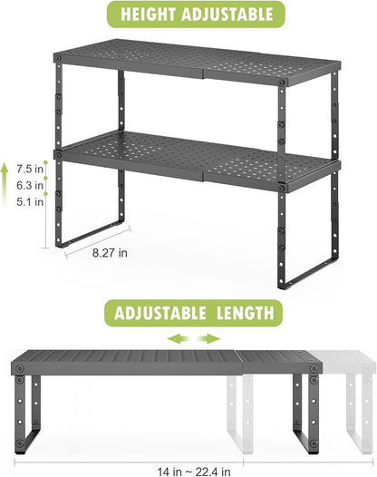 Expandable Cabinet Organizer Shelf With Adjustable Height, Stackable Kitchen Countertop Organizer