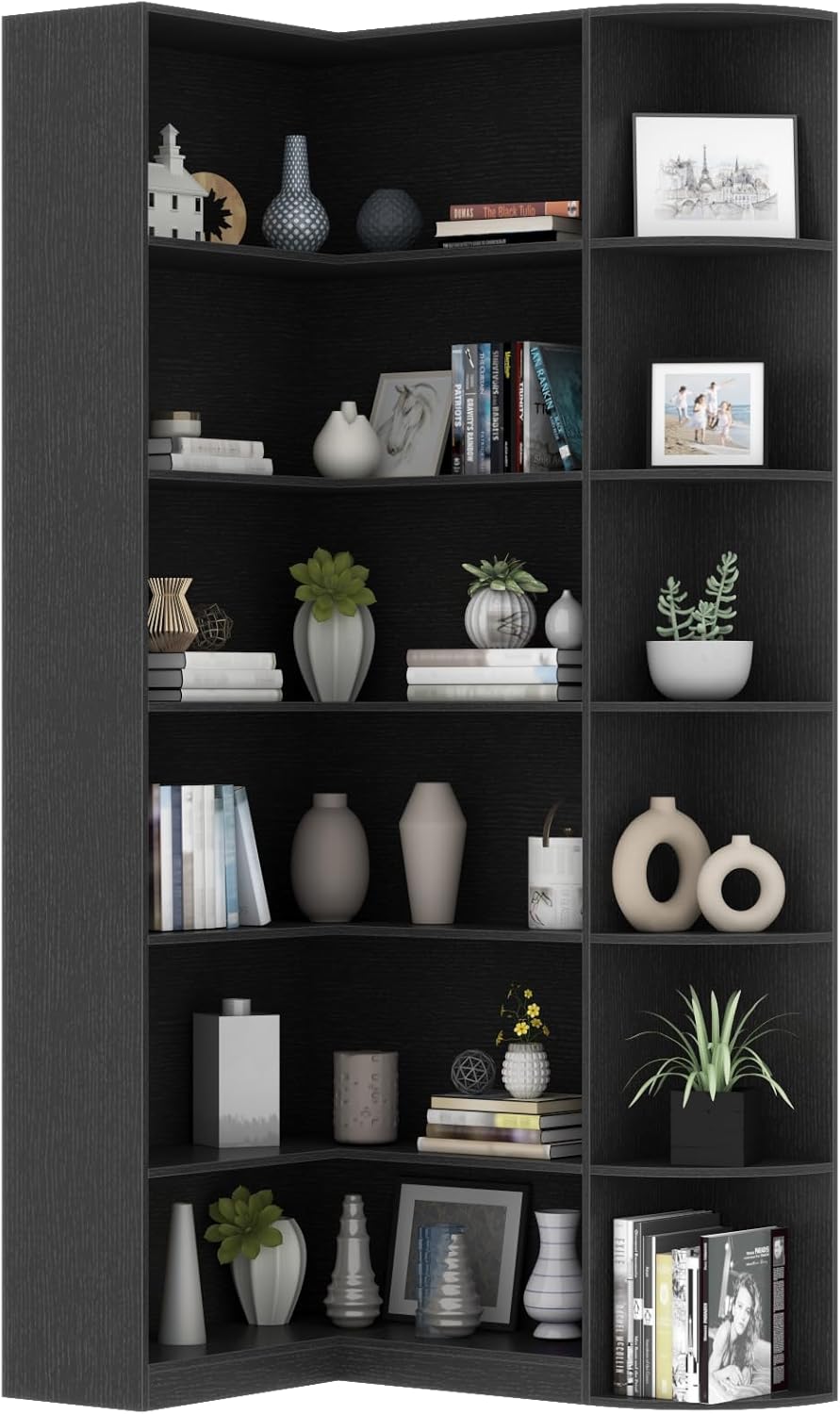 Loomie Black Book Shelf, 6 Tiers Shelf Large Tall Corner Etagere Bookcase with Full Baffle