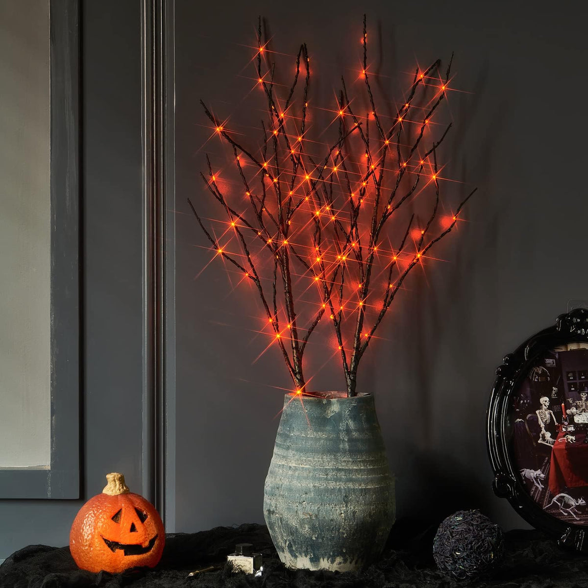 Fudios Halloween Lighted Branches with Timer 100 LED Orange Fairy Lights 32IN, Black Tree Branch