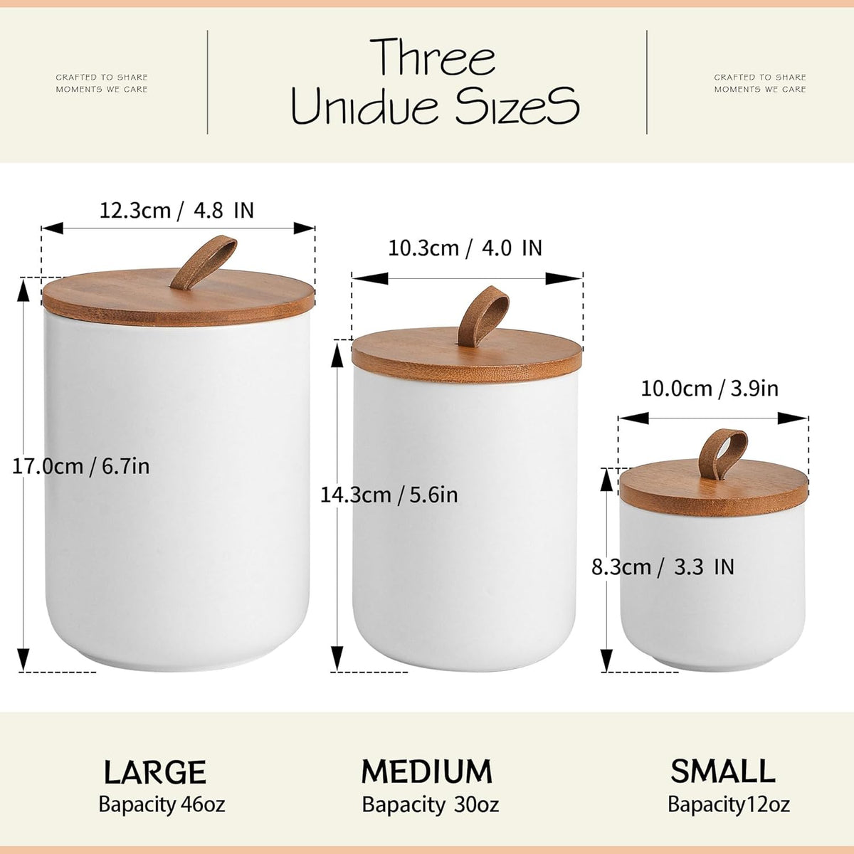 White Ceramic Canister Set with Bamboo Lids, 3-Piece Airtight Food Storage Jars for Kitchen