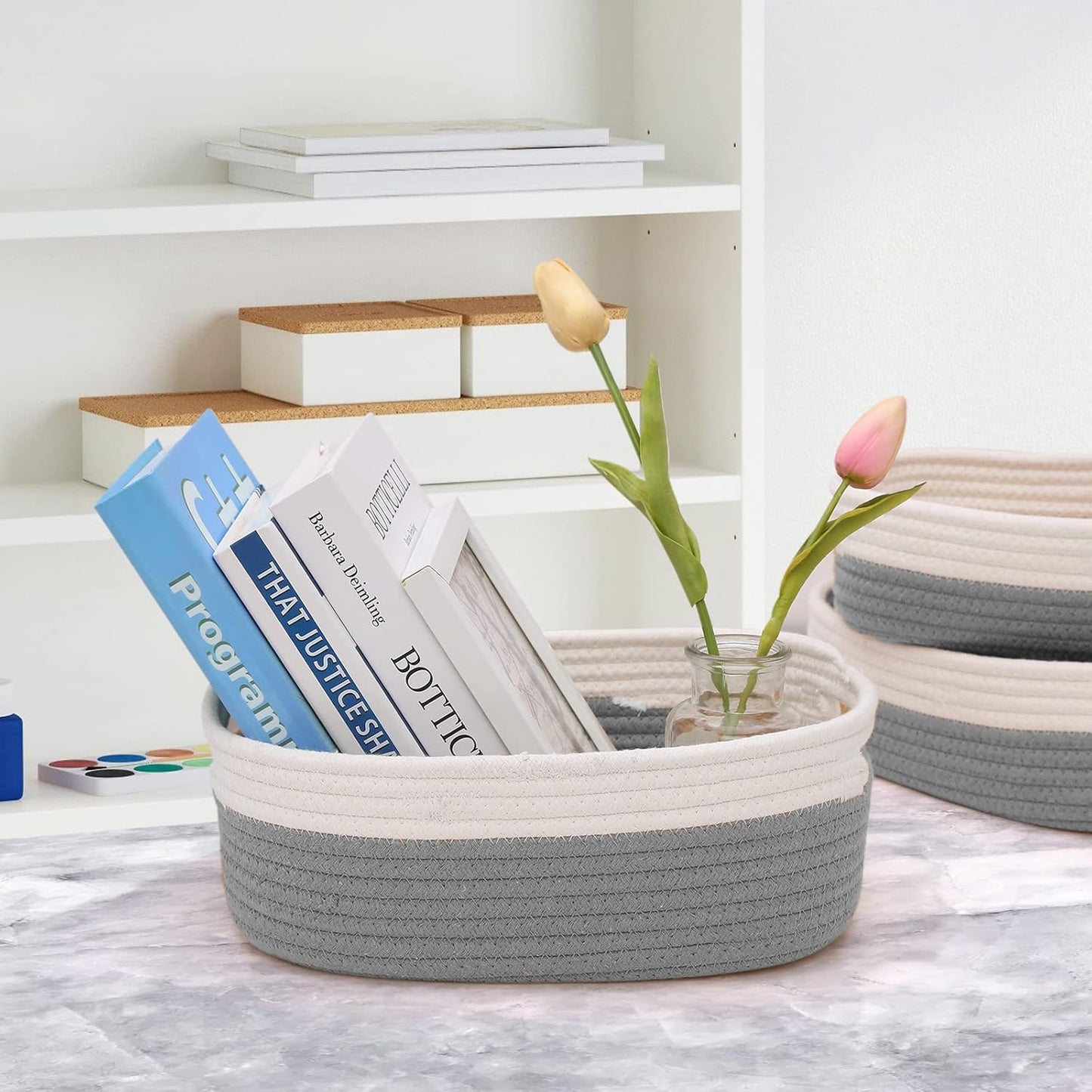 7 Piece Cotton Rope Woven Basket Set - Small Basket for Baby Nursery, Pets, Montessori, Dog & Cat