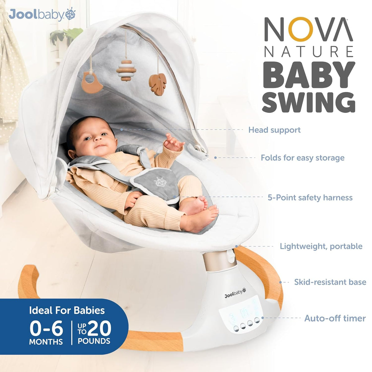 Jool Baby Nova Nature Baby Swing for Newborns – Natural Wood Toys, Electric Motorized Infant Swing
