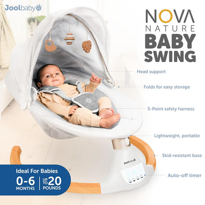 Jool Baby Nova Nature Baby Swing for Newborns – Natural Wood Toys, Electric Motorized Infant Swing