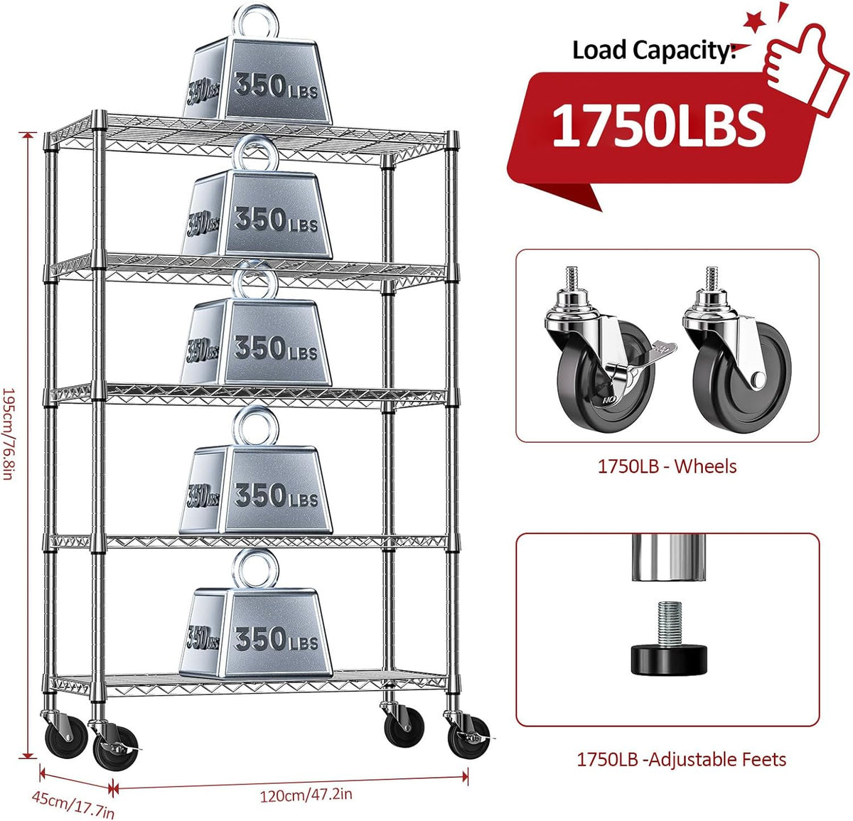 IZEUK 5-Tier Storage Shelving Unit with Wheels, Adjustable Heavy Duty Steel Wire Rack Organizer