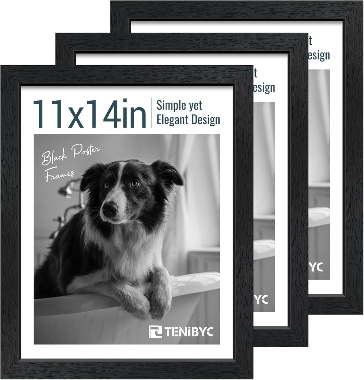 11x14 Picture Frame Set - 3 Pack, Textured Black Solid Wood, HD Tempered Glass, Wall Gallery Photo