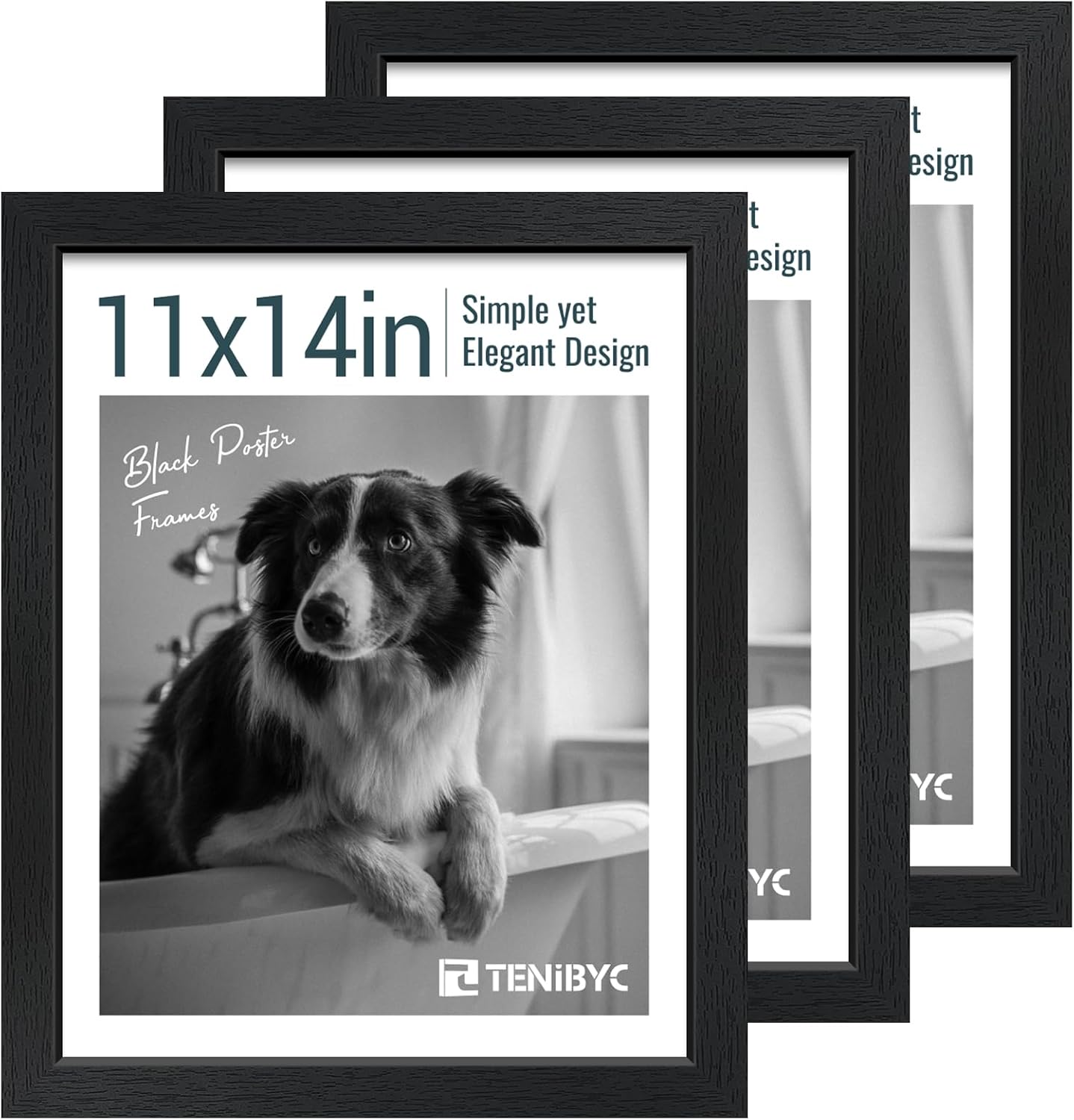 11x14 Picture Frame Set - 3 Pack, Textured Black Solid Wood, HD Tempered Glass, Wall Gallery Photo