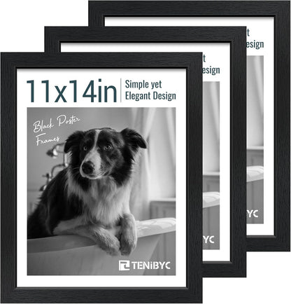 11x14 Picture Frame Set - 3 Pack, Textured Black Solid Wood, HD Tempered Glass, Wall Gallery Photo