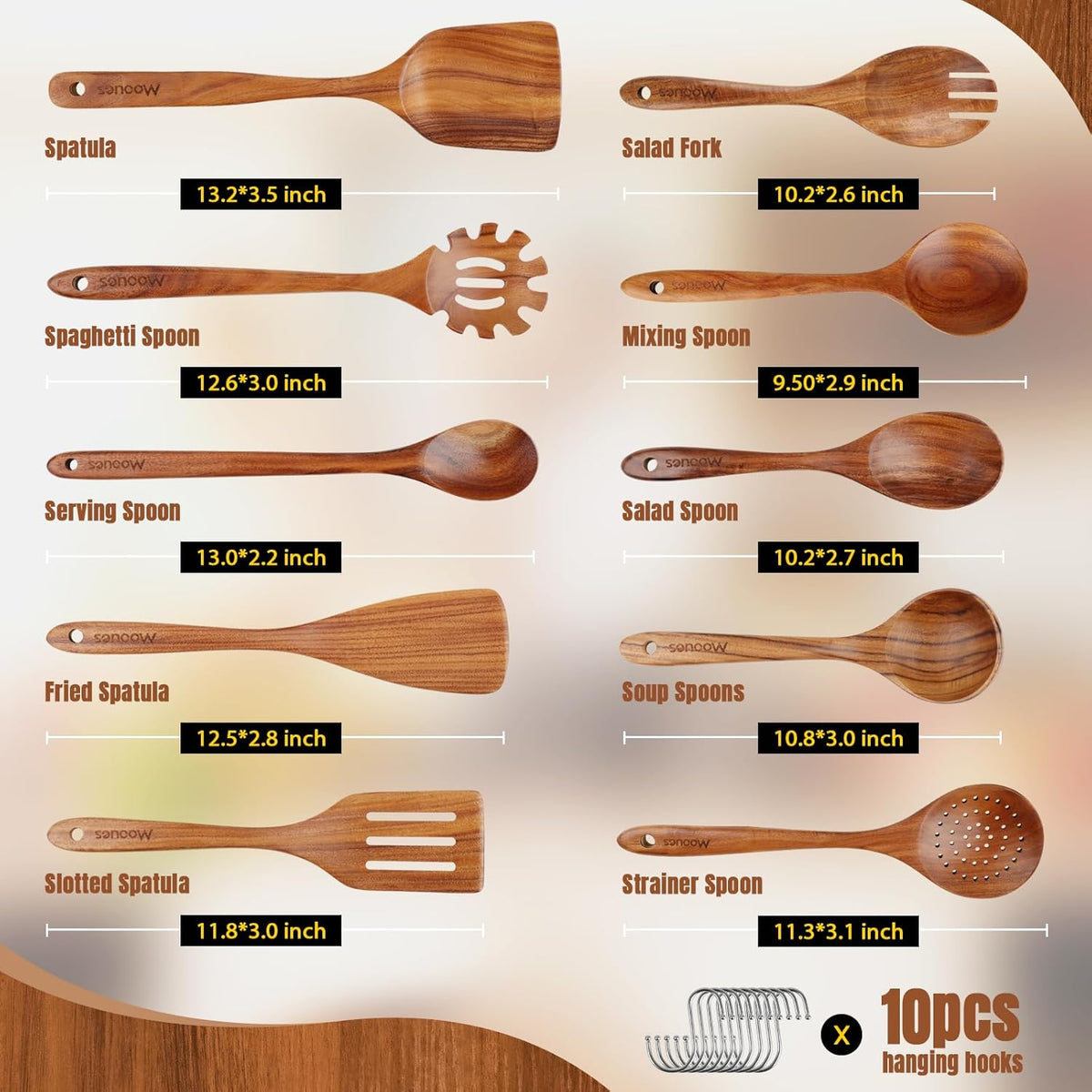 Wooden Spoons for Cooking, 10PCS Teak Wood Cookware Utensil Set with Hooks - Smooth Finish