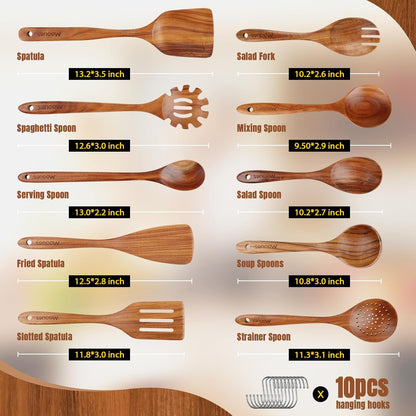 Wooden Spoons for Cooking, 10PCS Teak Wood Cookware Utensil Set with Hooks - Smooth Finish