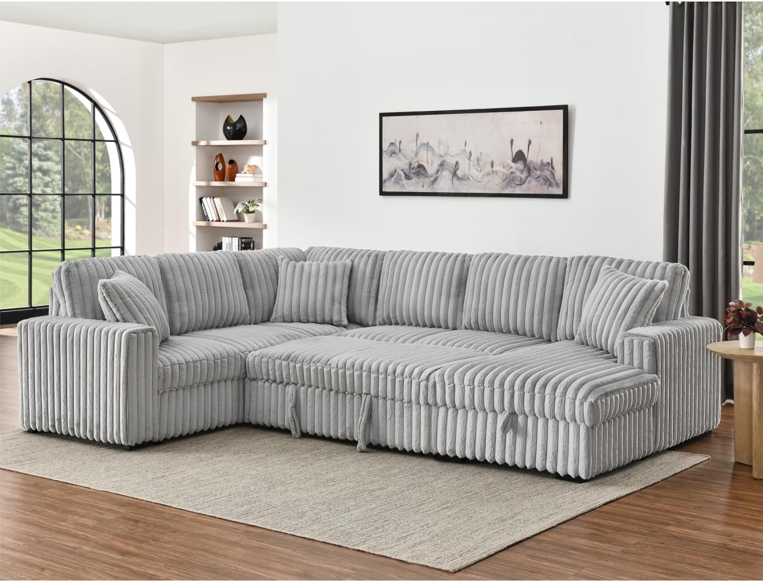 THSUPER 122-Inch Oversized U Shaped Plush Corduroy Fluffy Sectional Sleeper Sofa with Pull Out Bed