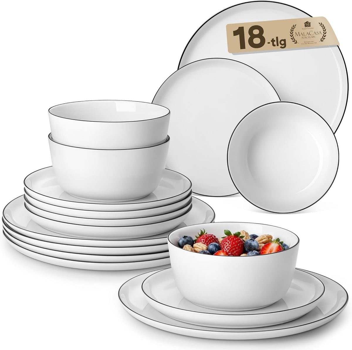 MALACASA 18 Pieces Gourmet Porcelain Dinnerware Sets, Premium Plates and Bowls Set, High-Fired