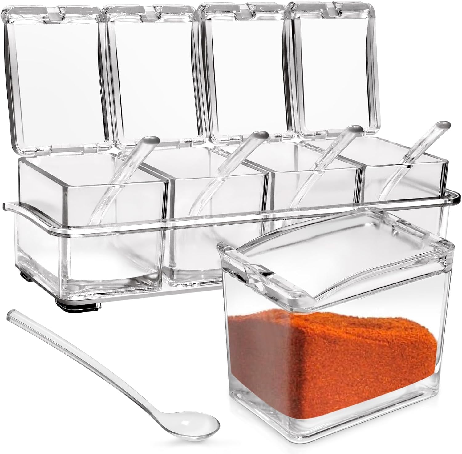 4-Cell Clear Seasoning Rack Spice Box, Storage Container Condiment Jars Acrylic Seasoning Box with