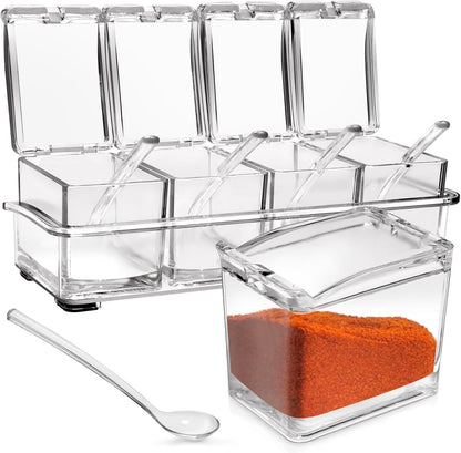 4-Cell Clear Seasoning Rack Spice Box, Storage Container Condiment Jars Acrylic Seasoning Box with