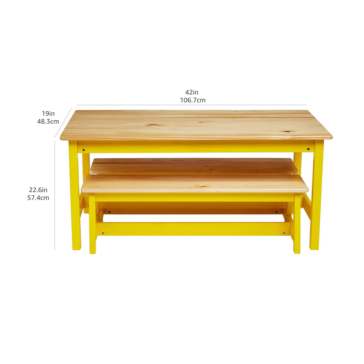 Amazon Basics Indoor Kids Table and Bench Set, Natural, solid pine wood, 3 Count (Pack of 1), Wood