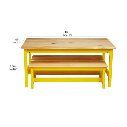Amazon Basics Indoor Kids Table and Bench Set, Natural, solid pine wood, 3 Count (Pack of 1), Wood