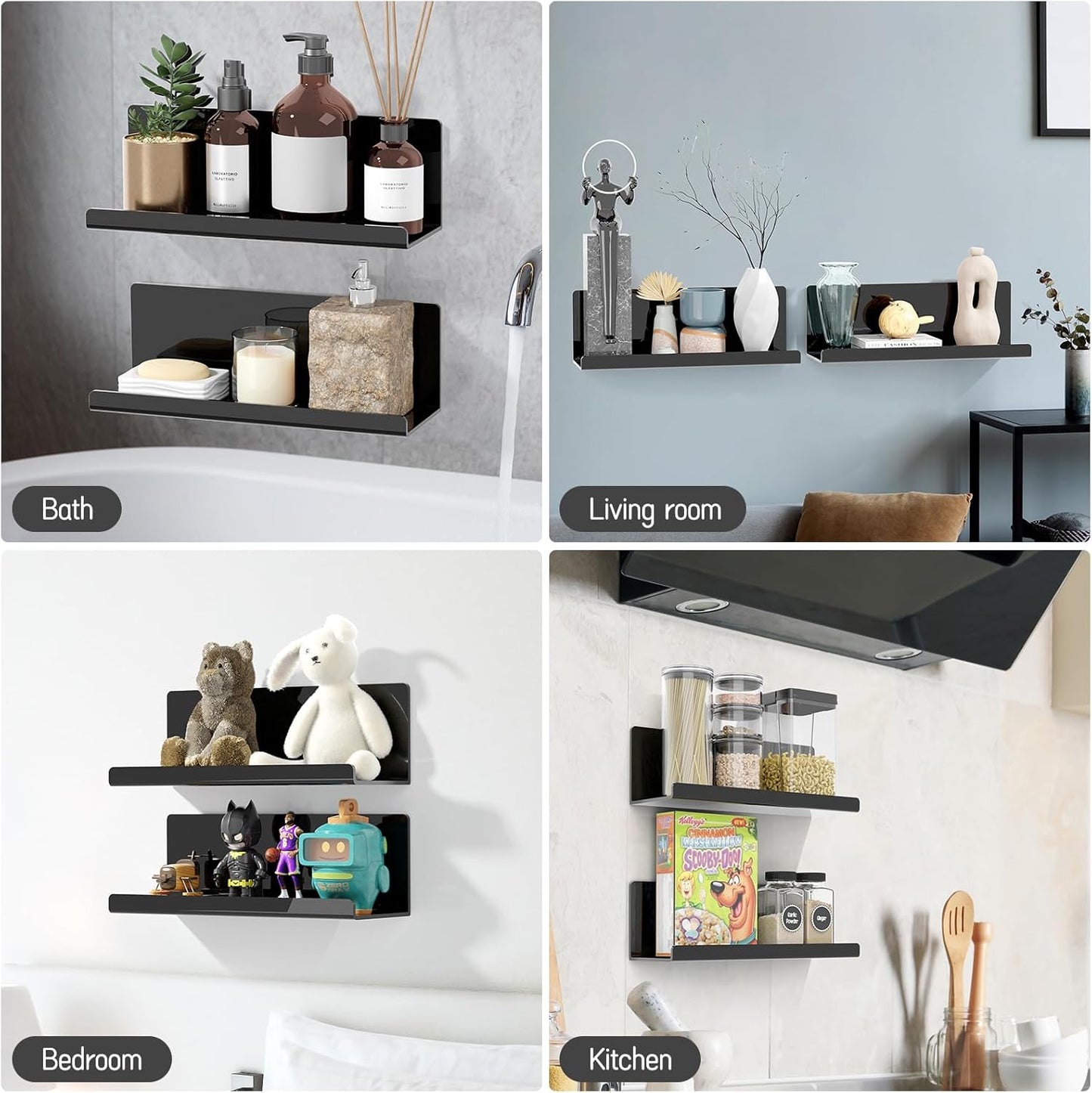 Acrylic Floating Shelves for Wall No Drilling, Self Adhesive Space-Saving Shelves, 12 Inch Floating
