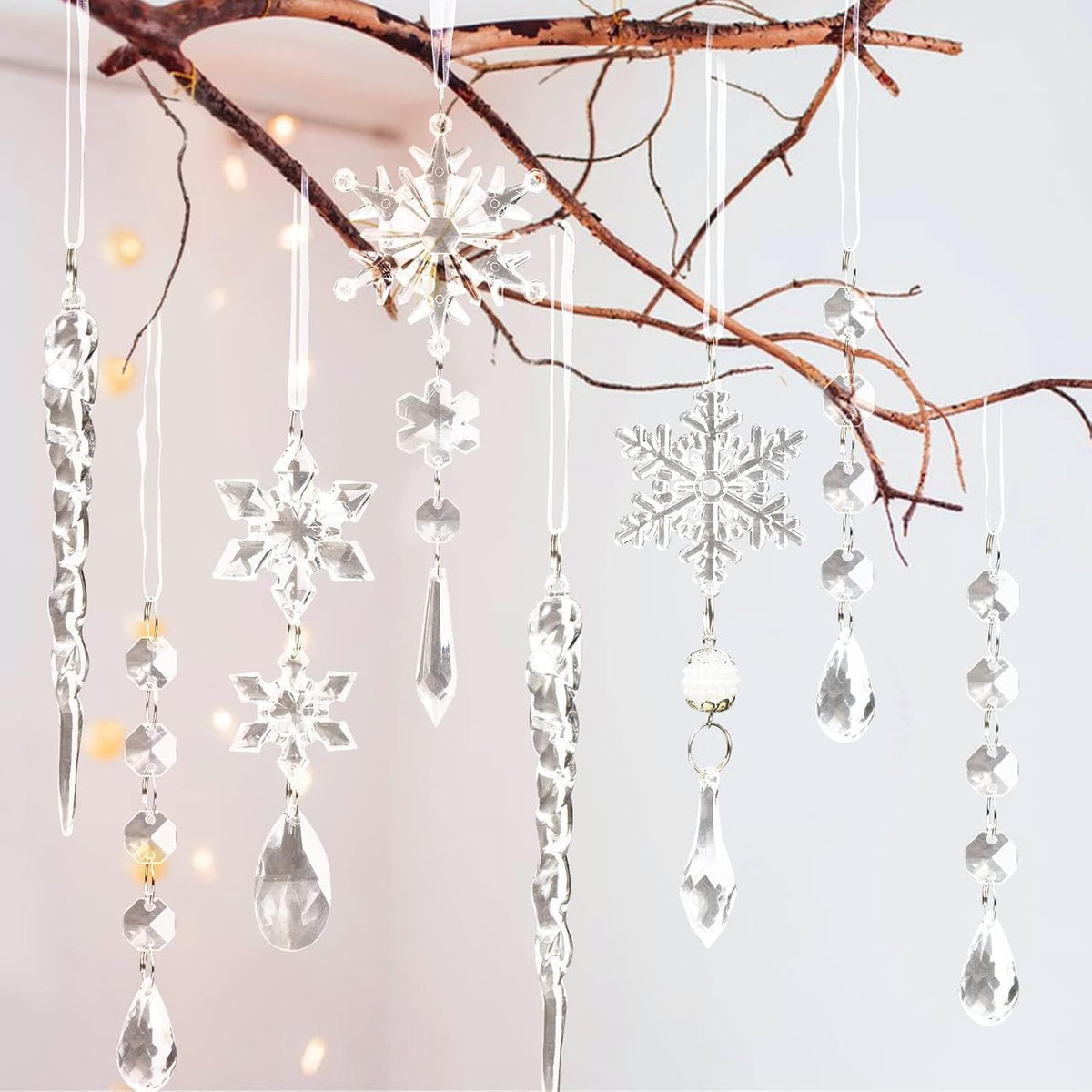18pcs Christmas Tree Decoration Crystal Ornaments - Hanging Acrylic Christmas Snowflake Icicle Drop