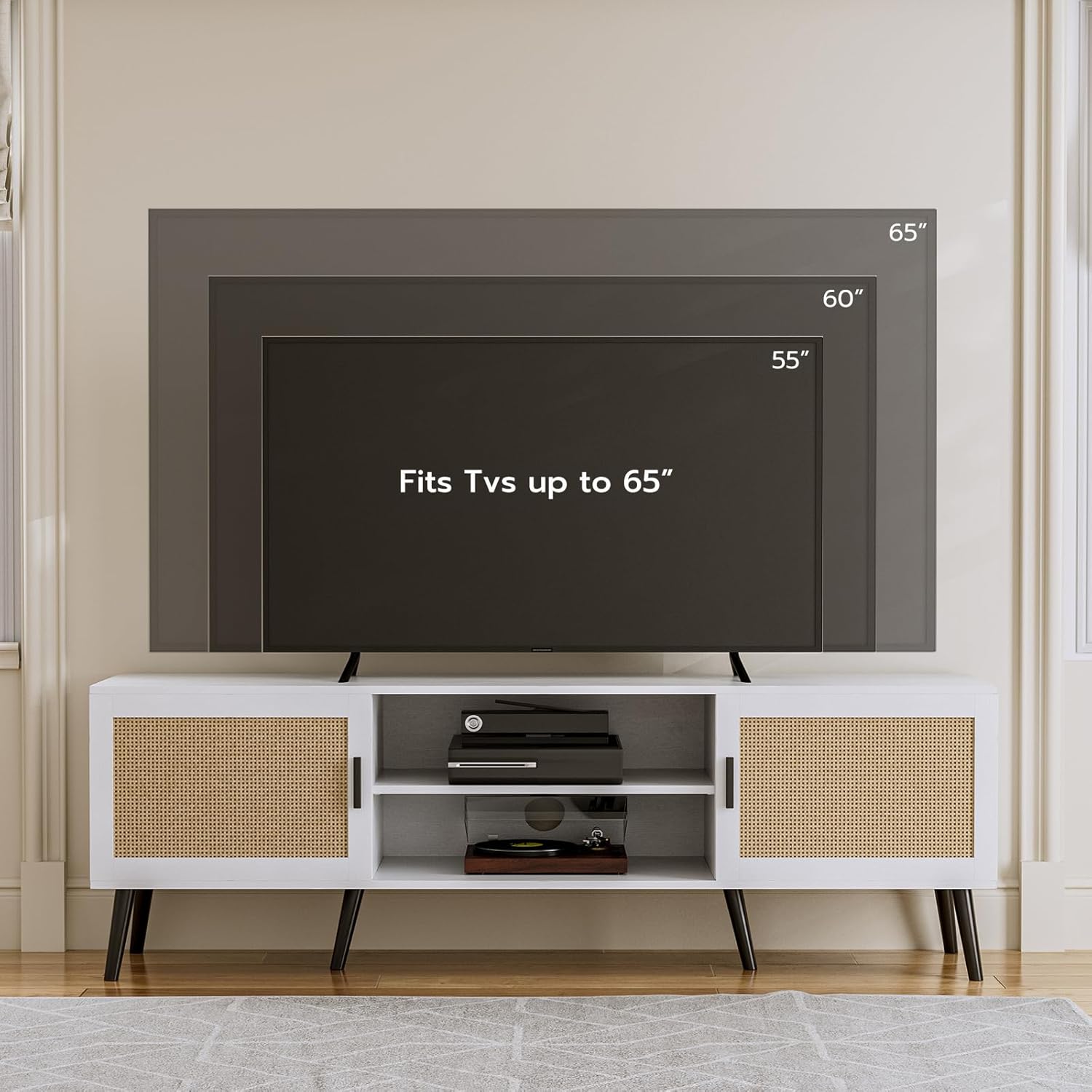 TV Stand for TVs up to 65'', Mid Century Modern Entertainment Center with Rattan Door, Shelves & 2