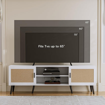 TV Stand for TVs up to 65'', Mid Century Modern Entertainment Center with Rattan Door, Shelves & 2