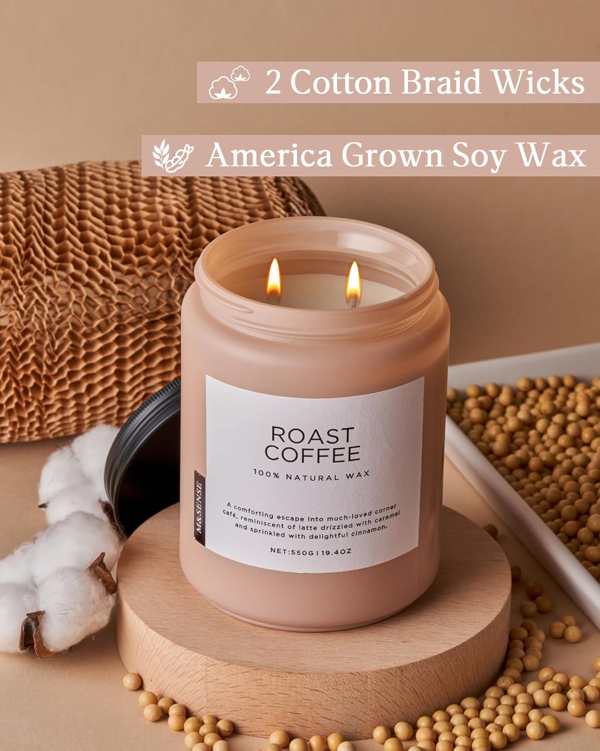 M&SENSE Coffee Candles Scented Strong, 2 Wick Jar Candle 19.4oz, 110 Hours Burning Time, Organic