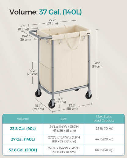 SONGMICS Laundry Basket with Wheels, 2-Section Rolling Laundry Hamper, 37 Gallons (140 L)