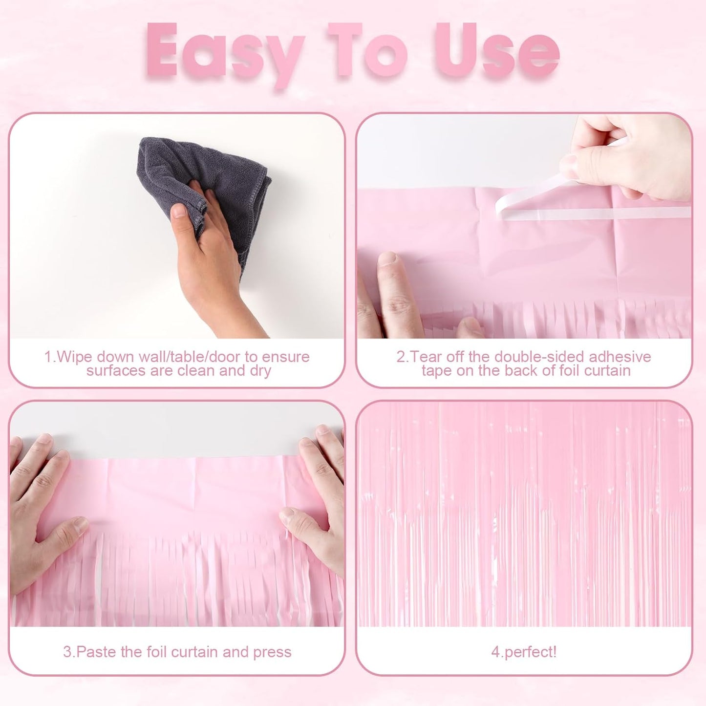 3 Pack 3.3 x 8.2 ft Pasel Pink Foil Fringe Backdrop Curtains, Tinsel Streamers Birthday Party