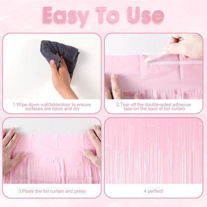 3 Pack 3.3 x 8.2 ft Pasel Pink Foil Fringe Backdrop Curtains, Tinsel Streamers Birthday Party