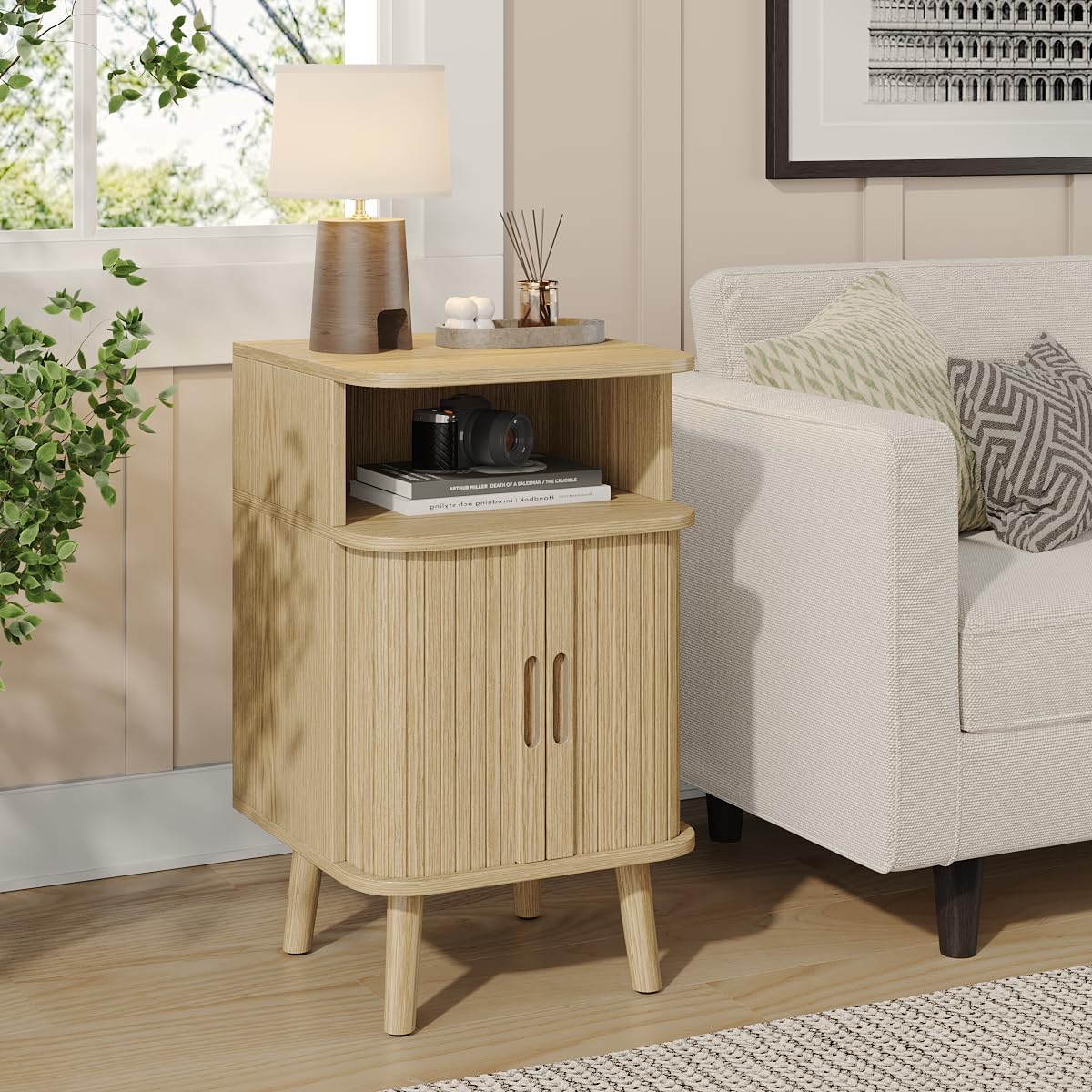 Alohappy Mid Century Modern End Table, Fluted Wood Nightstand with Sliding Tambour Door, Curved