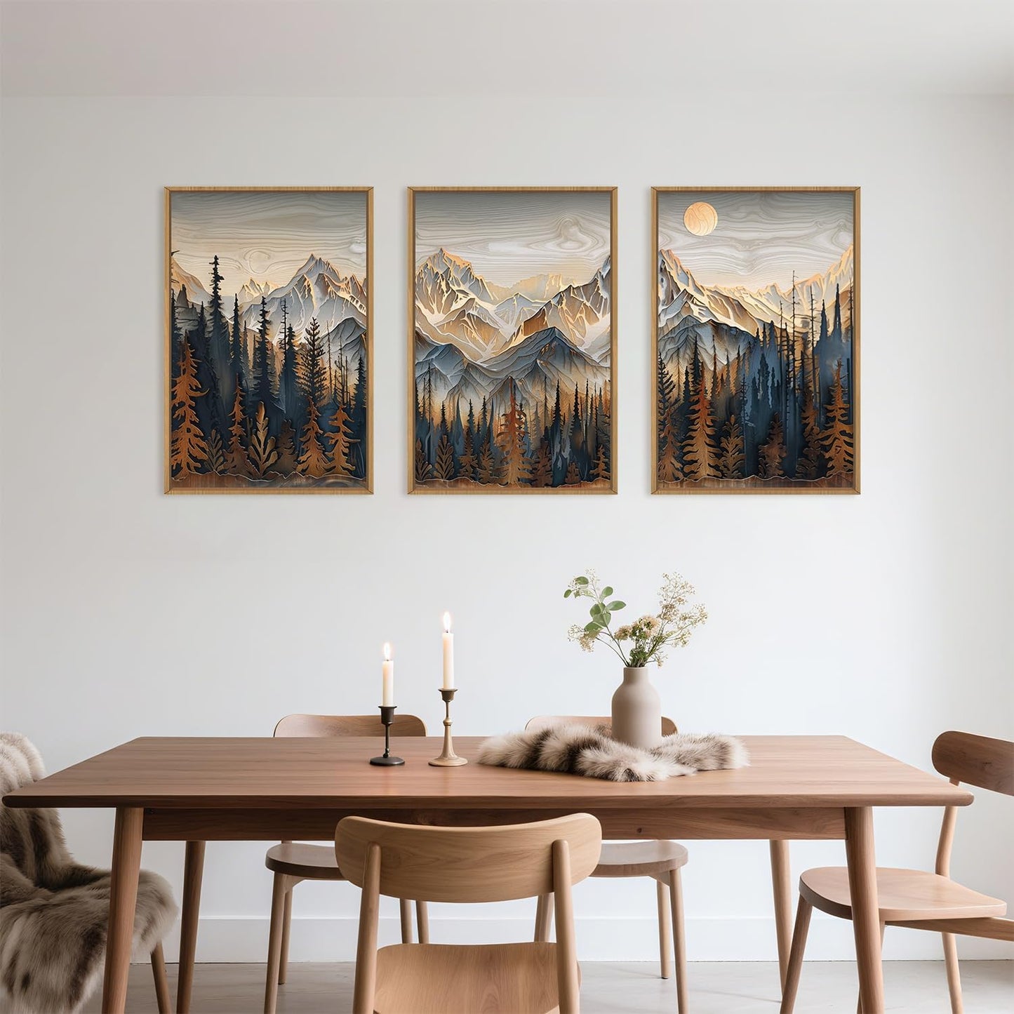 Celestdeco Wood Mountain Framed Canvas Wall Art Set, Pine Trees Wall Painting, Ridge Scenery Wall