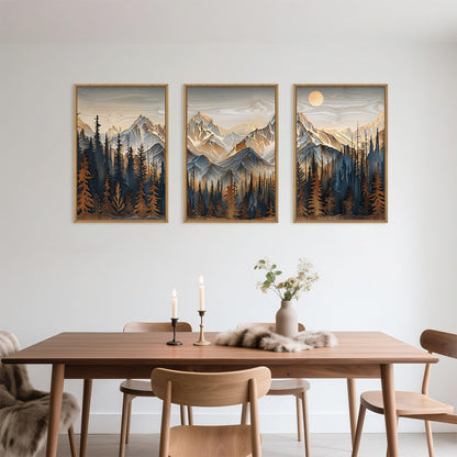 Celestdeco Wood Mountain Framed Canvas Wall Art Set, Pine Trees Wall Painting, Ridge Scenery Wall
