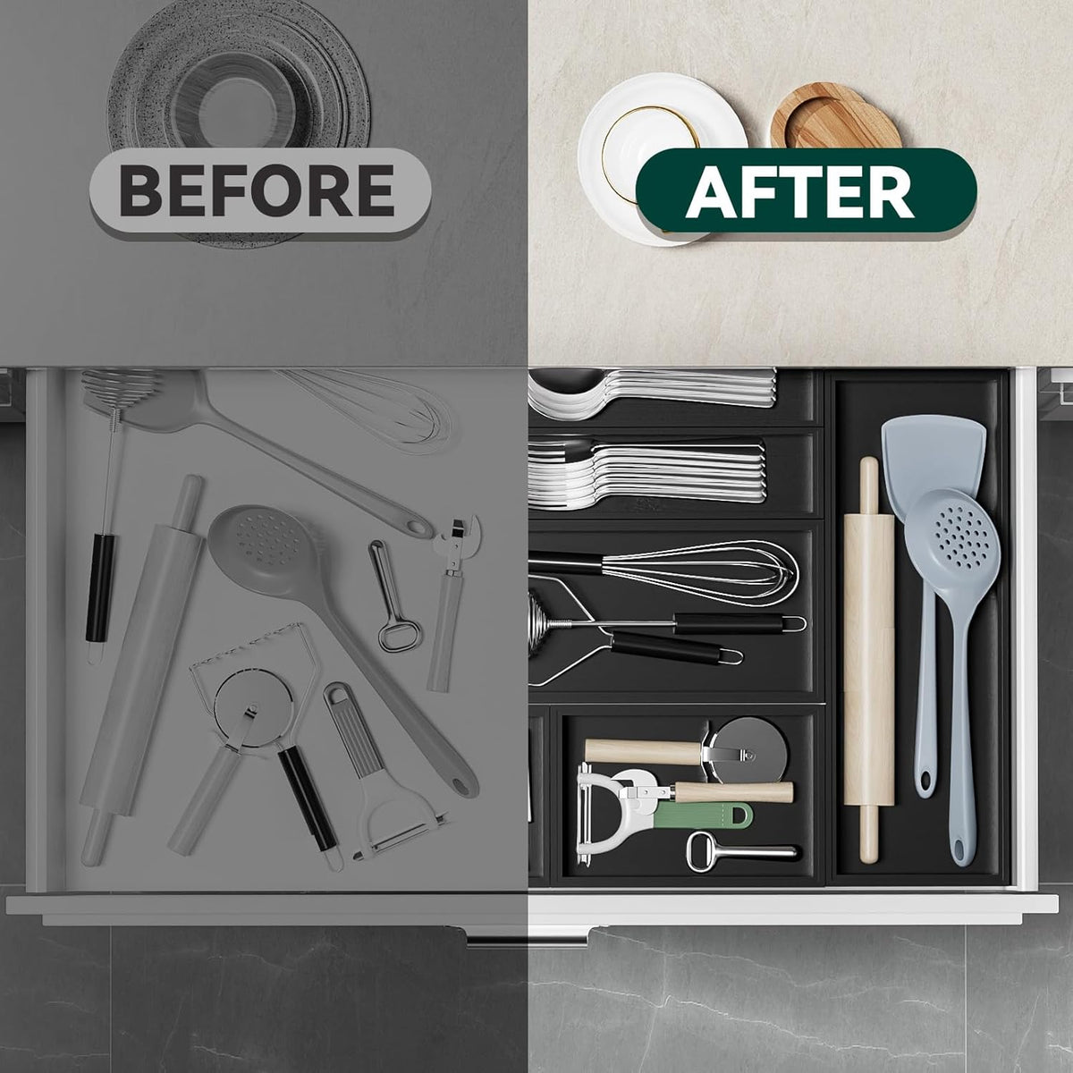Bamboo Drawer Organizer, Cutlery Silverware Organizer for Kitchen Drawer, Stackable Utensil