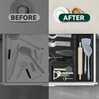 Bamboo Drawer Organizer, Cutlery Silverware Organizer for Kitchen Drawer, Stackable Utensil