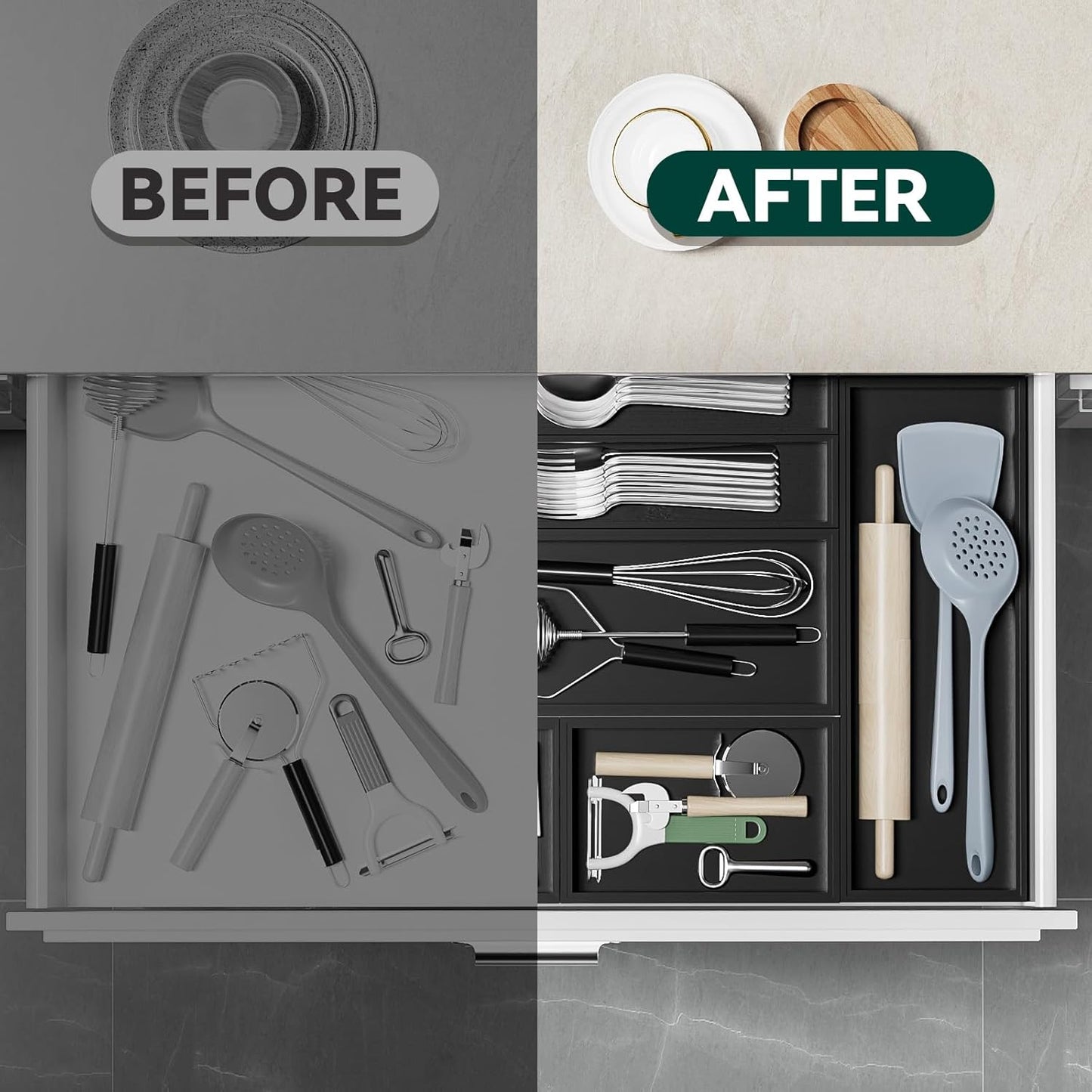 Bamboo Drawer Organizer, Narrow Silverware Organizer for Kitchen, Stackable Utensil Organizer, 2