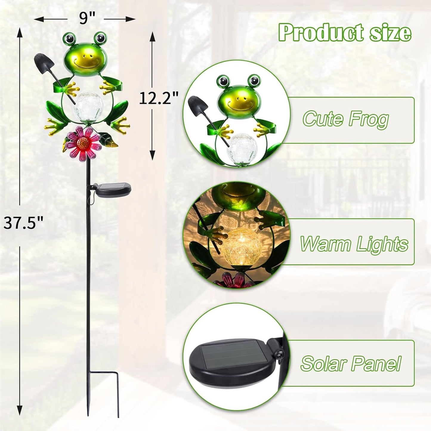 Afirst Solar Lights Outdoor Decorative Metal Frog Crackle Glass Globe Warm White LED Metal