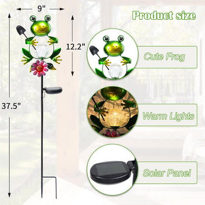 Afirst Solar Lights Outdoor Decorative Metal Frog Crackle Glass Globe Warm White LED Metal