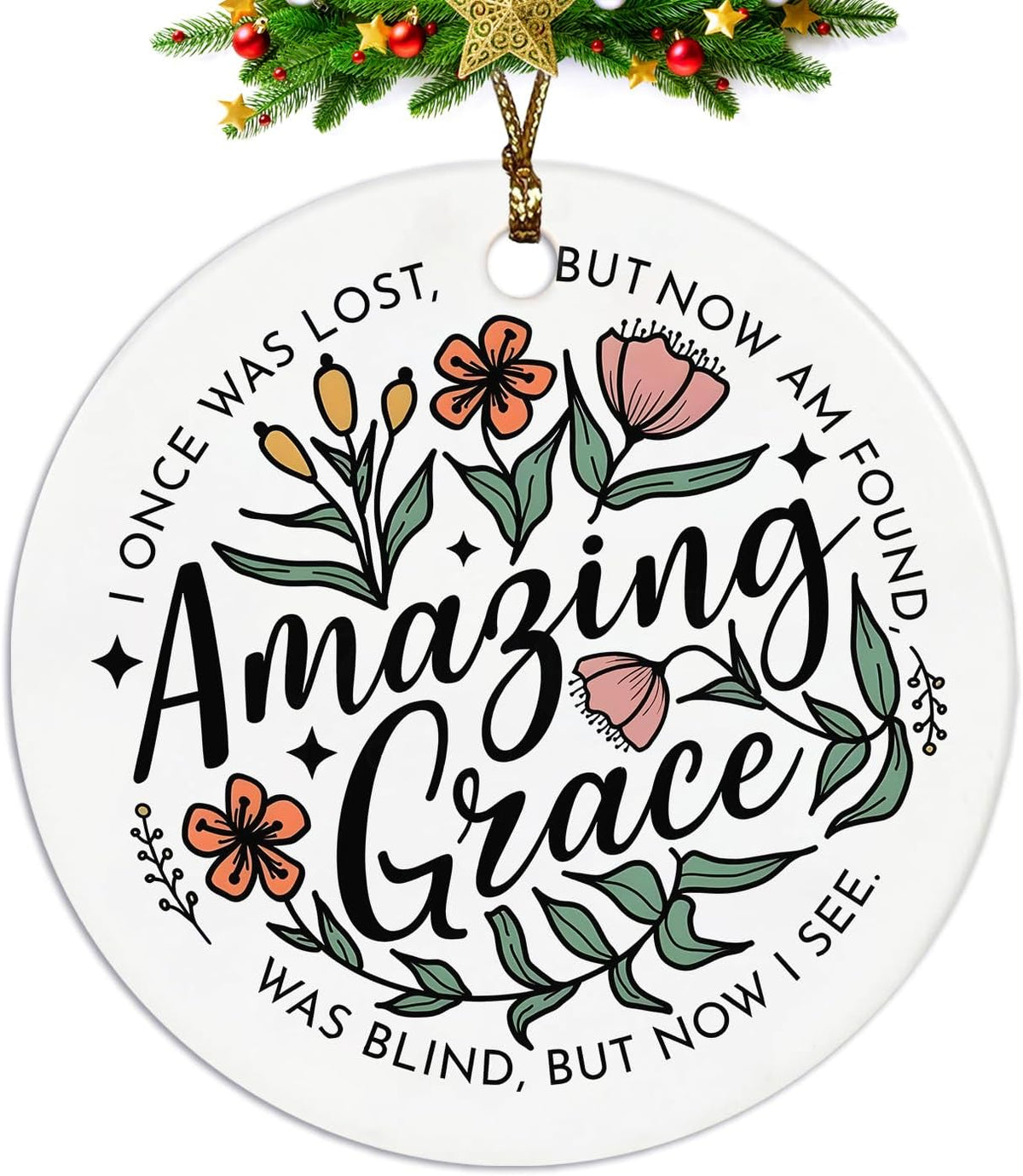 Christian Ornaments, Amazing Grace Scripture Wildflower Floral Ceramic Ornament Keepsake