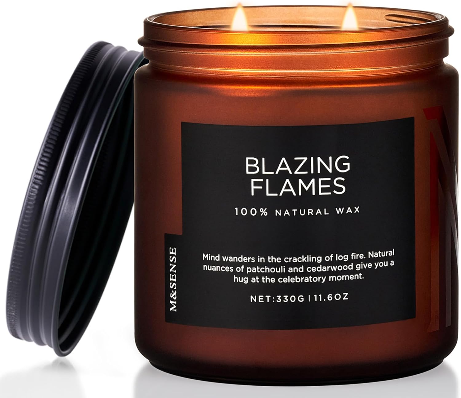 M&SENSE Blazing Flame Scented Candles with Log Fire - Cade & Patchoulli Scent, 70 Hours 11.6oz