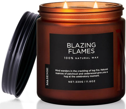 M&SENSE Blazing Flame Scented Candles with Log Fire - Cade & Patchoulli Scent, 70 Hours 11.6oz