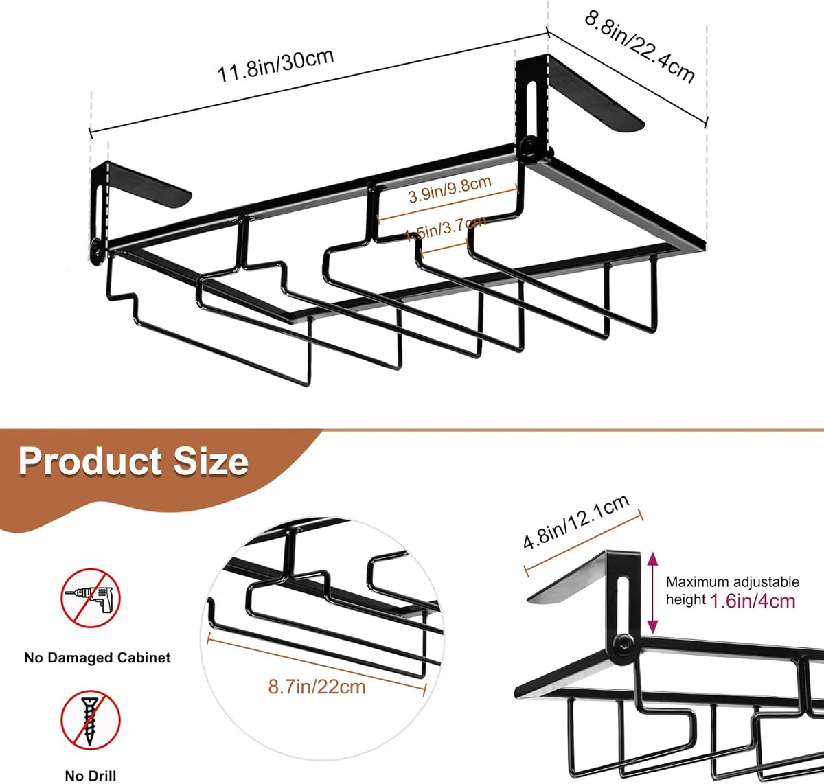 AUHOKY 2Pcs Adjustable Wine Glass Rack Under Cabinet, Punch-Free 3 Rows Stemware Metal Holder