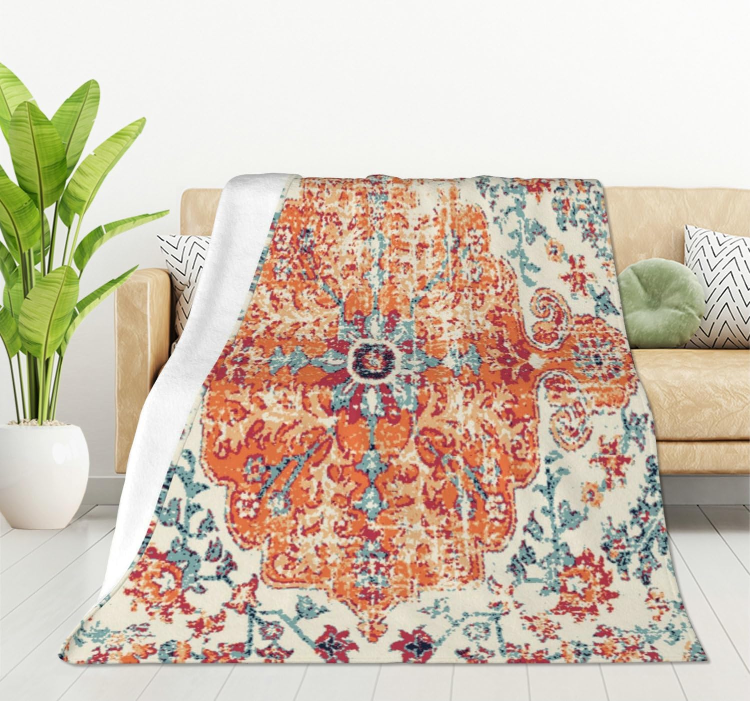 HGOD DESIGNS Carpet Pattern Throw Blanket Boho Style Ethnic Design Orange Blue Soft Blankets and