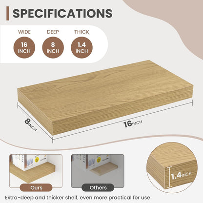 16 Inch Floating Shelves, 8 Inch Deep Floating Shelves for Wall, Hanging Shelf with Invisible