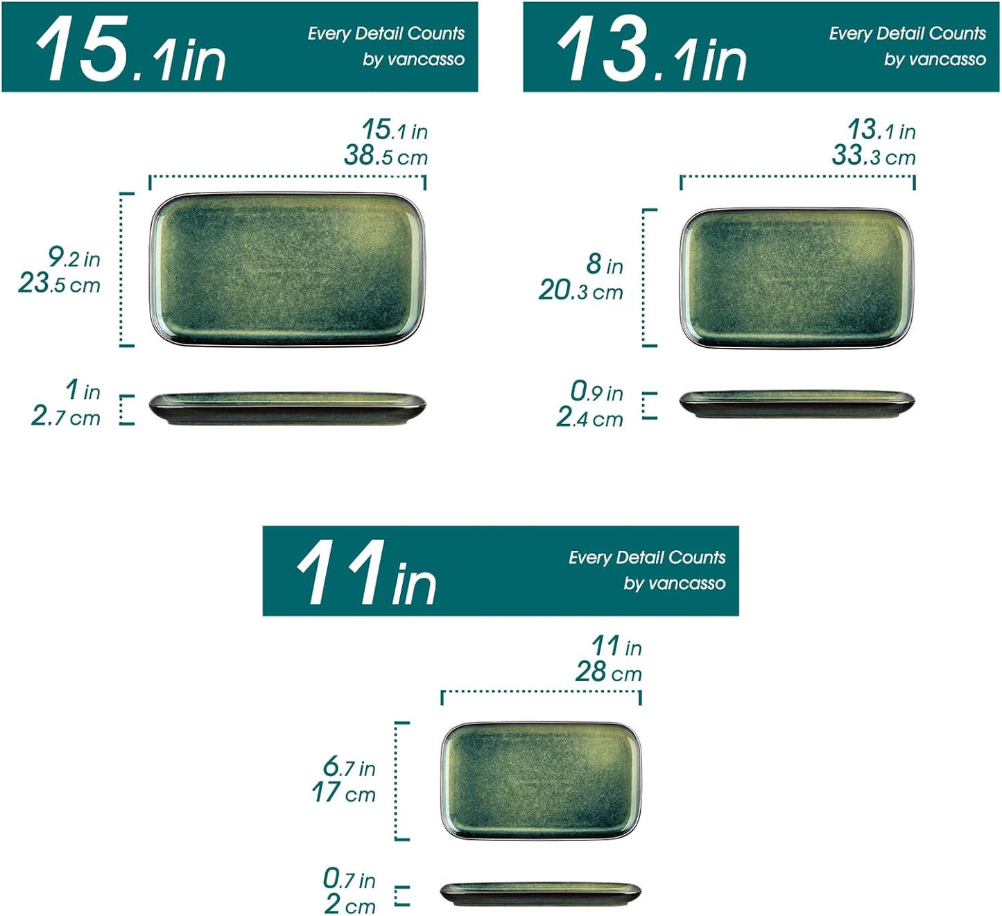 vancasso Stern Serving Platters Set of 3, 15/13/ 11 Inches Rectangular Serving Plates, Green