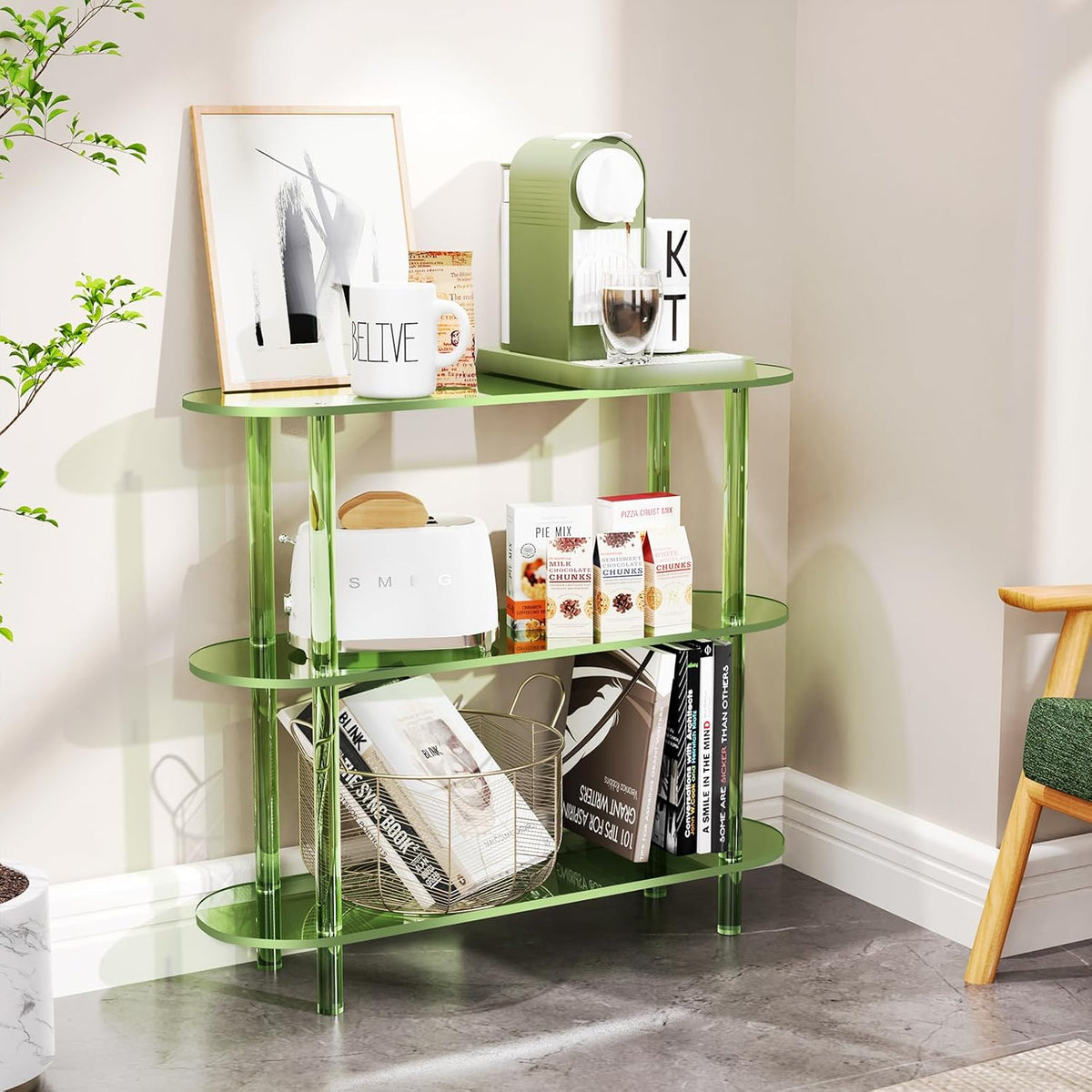 Clear Bookshelf, Acrylic Bookcase with Open Book Shelf Console Table for Entryway Office (3 Tier